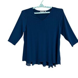 Susan Graver Womens Top XL Liquid Knit Teal Peplum Chiffon Overlay Feminine